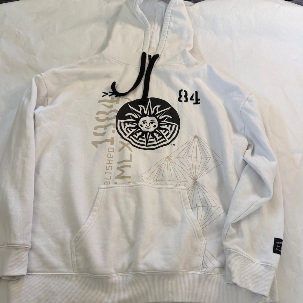 Cirque du Soleil Pullover Hoodie White Black Sun Graphic 1984 Mens XXL Circus
